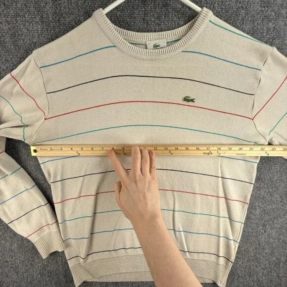 Lacoste Men Sweater Knit Croc Logo Striped Off White Casual Size 4 Medium Adult - Picture 5 of 16